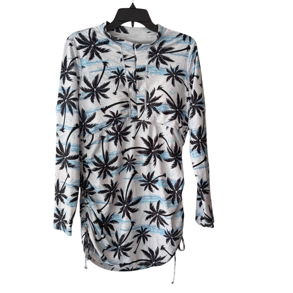 Hiskywin UV Protection White Black & Blue Palm Tree Print Runched Midi Dress